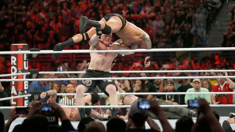 Brock Lesnar hitting Randy Orton with an F-5 at the 2017 Royal Rumble